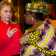 U.S. Secretary of State Clinton talks with Nigerian Finance Minister Okonjo-Iweala at the Presidential Villa in Abuja